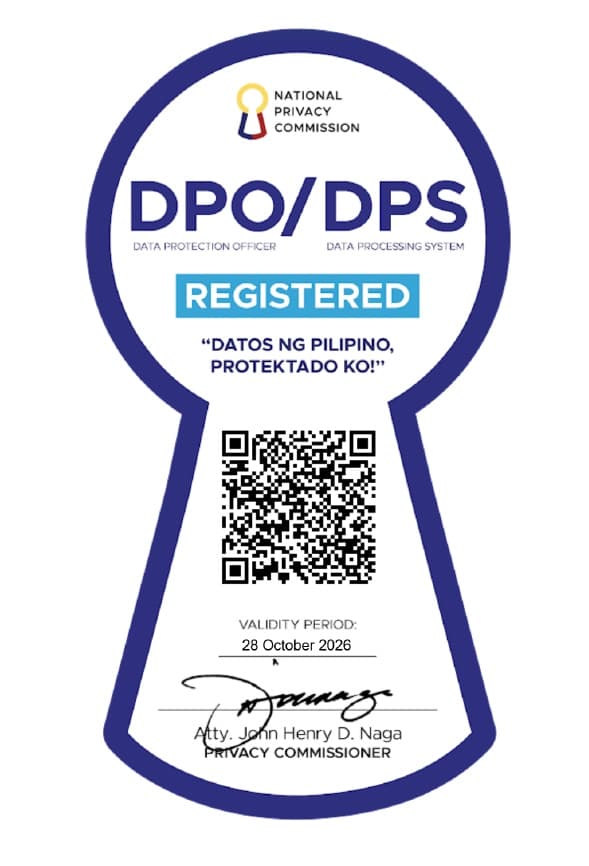 National Privacy Commission seal: DPO/DPS Registered. Data Protection Officer and Data Processing System registered.